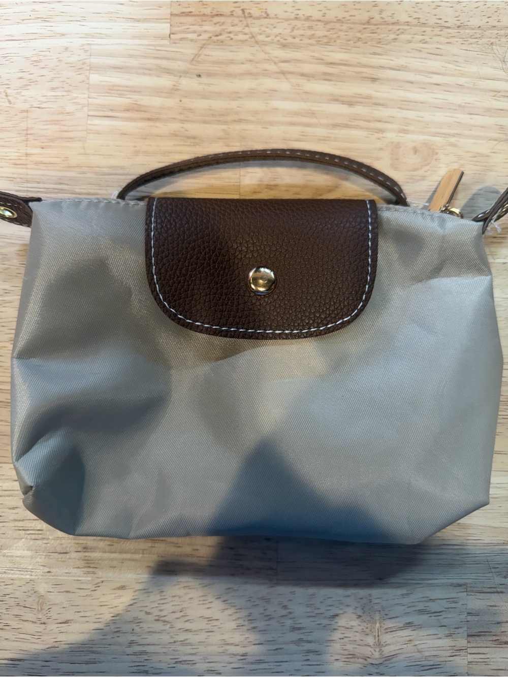 Compact Women's Taupe Light Tan Handbag w/ Brown Faux Leather Trim Satchel NWOT